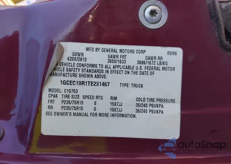 1996 Chevrolet Gmt-400 C1500 из США, поврежденный, VIN 1GCEC19R1TE231467